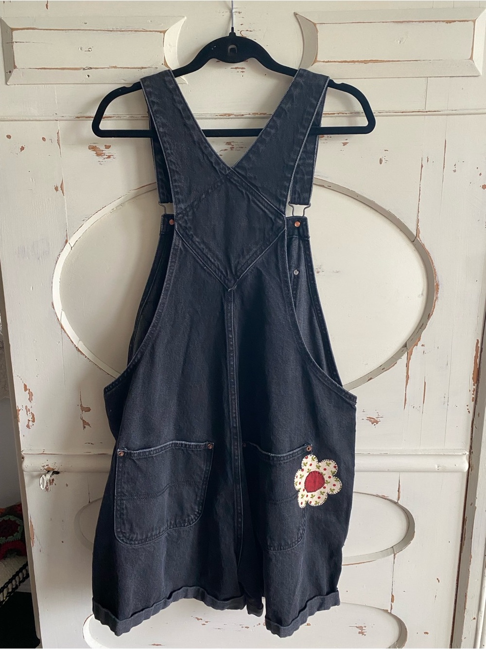 One of a kind upcycled black denim shortalls - Picture 4 of 13